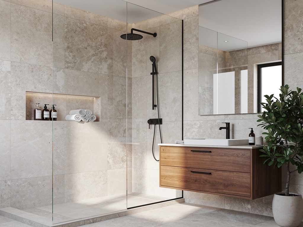 Frameless glass walk-in shower with custom tile in a Los Angeles bathroom remodel — YBL Design & Build