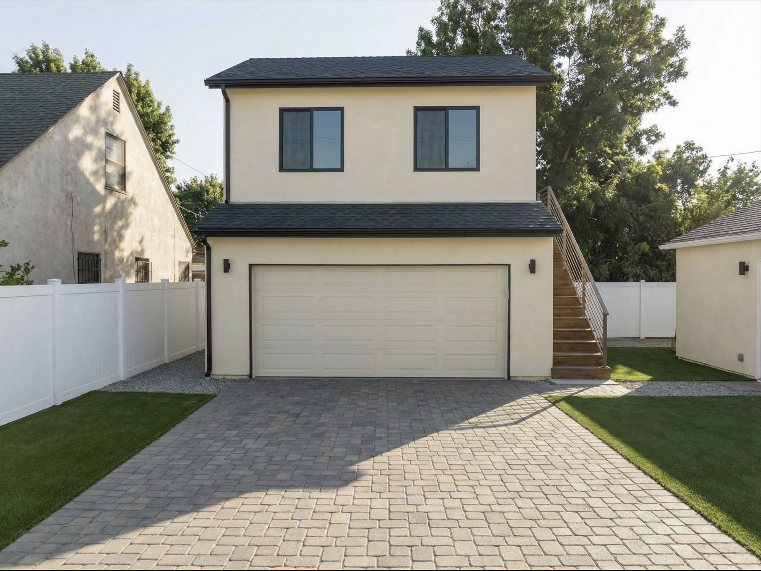 Two-story ADU built above a garage with paver driveway and wood staircase — YBL Design & Build, Los Angeles