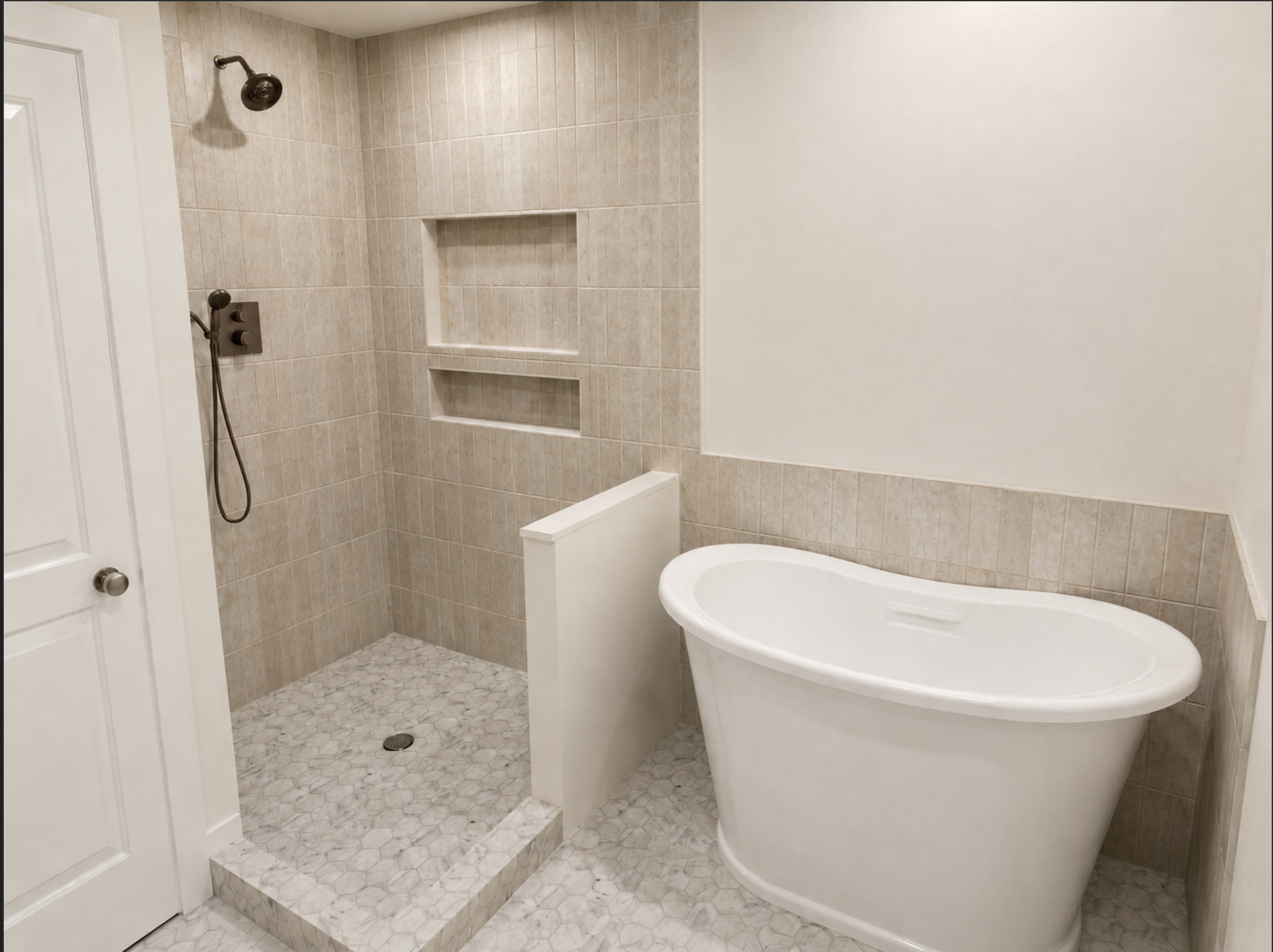 Primary bathroom with freestanding soaking tub and natural stone in Los Angeles — YBL Design & Build