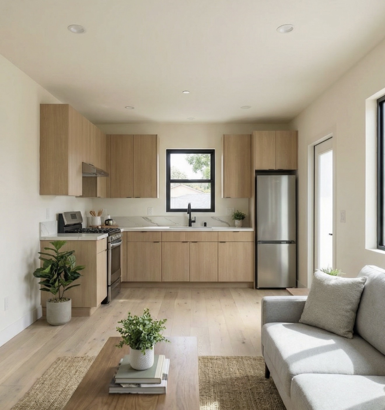 Open-plan ADU interior with light oak cabinets, marble counters, and natural light — YBL Design & Build, Los Angeles