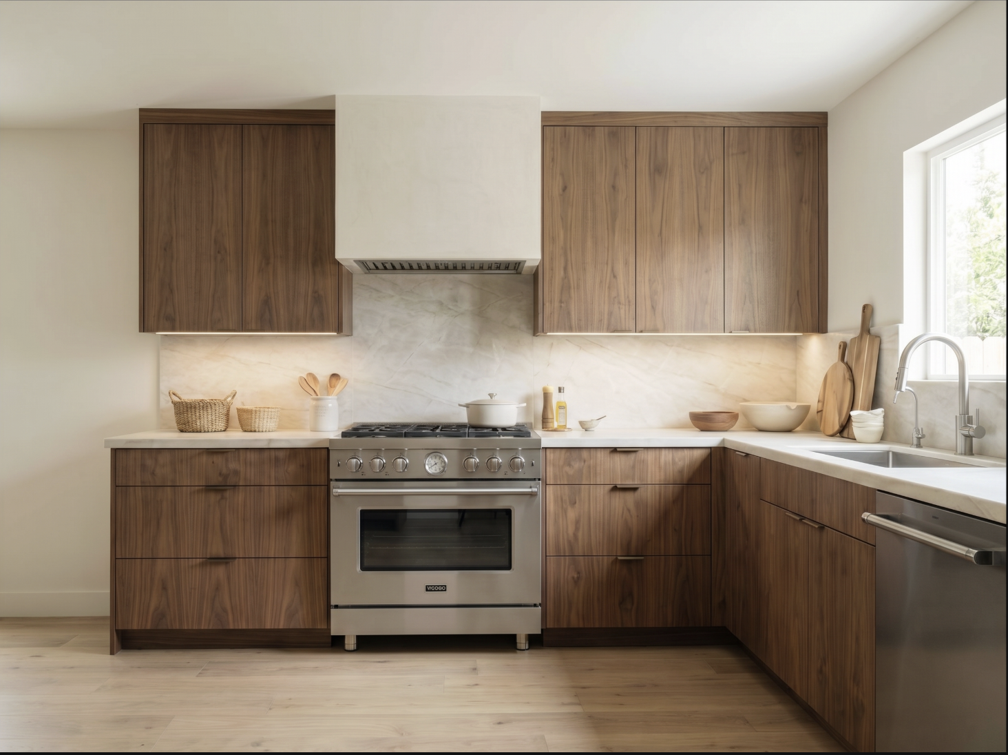 Modern walnut kitchen with flat-panel cabinets, stone counters, and a professional range in Los Angeles — YBL Design & Build