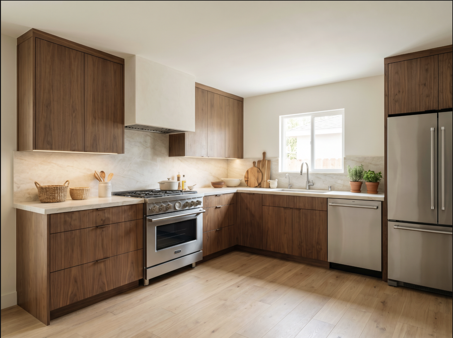 Interior whole-home remodel in Los Angeles with a modern walnut kitchen and quartz counters — YBL Design & Build