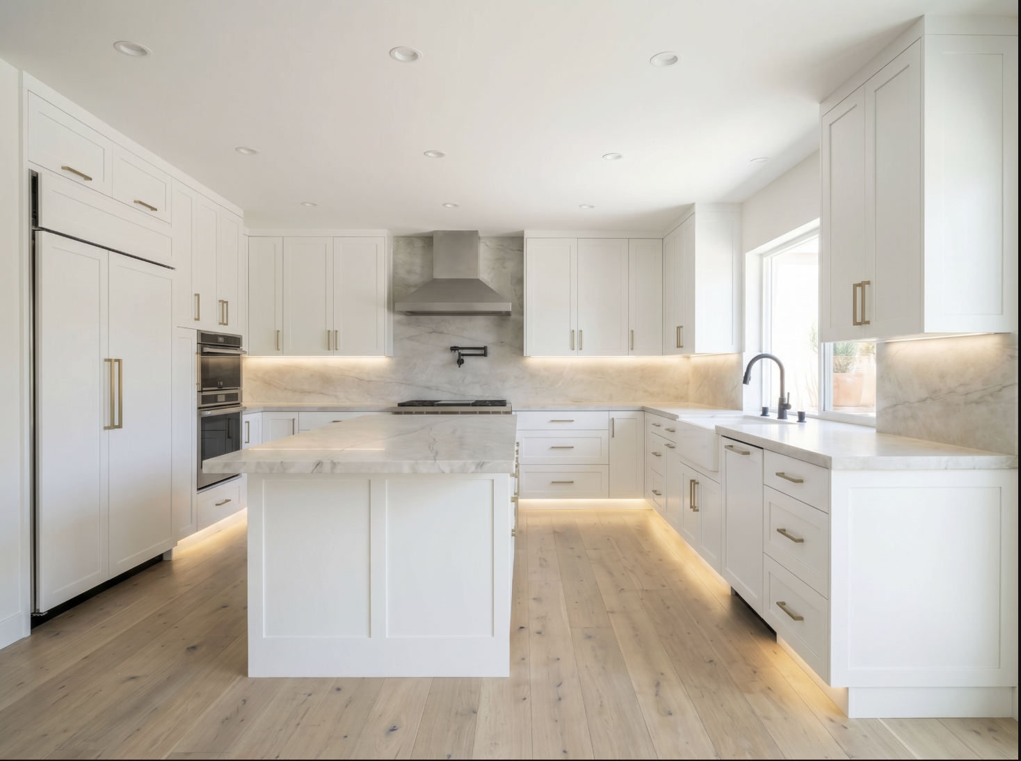 Remodeled white shaker kitchen with marble island as part of a whole-home remodel in Los Angeles — YBL Design & Build