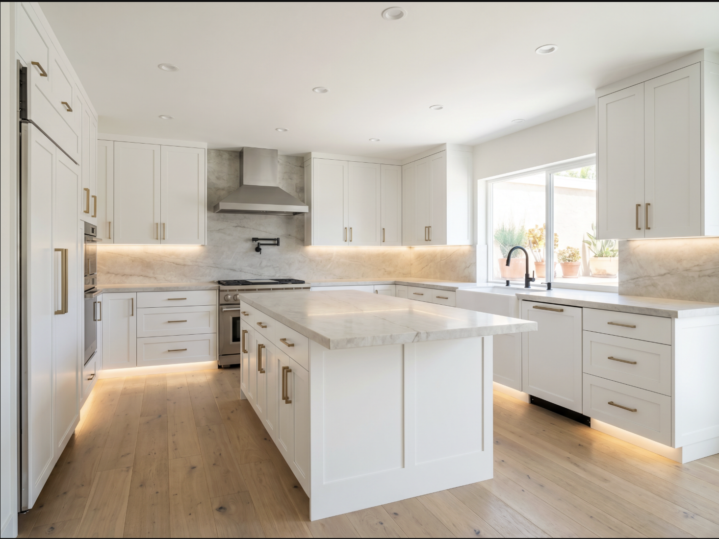 White shaker kitchen remodel with large marble waterfall island, gold hardware, and under-cabinet lighting in Los Angeles — YBL Design & Build