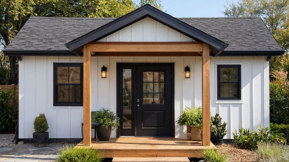 New build detached ADU with white board-and-batten siding, wood porch, and black lanterns in a Los Angeles backyard — YBL Design & Build