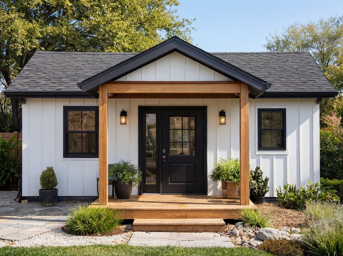 New build detached ADU with white board-and-batten siding, wood porch, and black lanterns in a Los Angeles backyard — YBL Design & Build