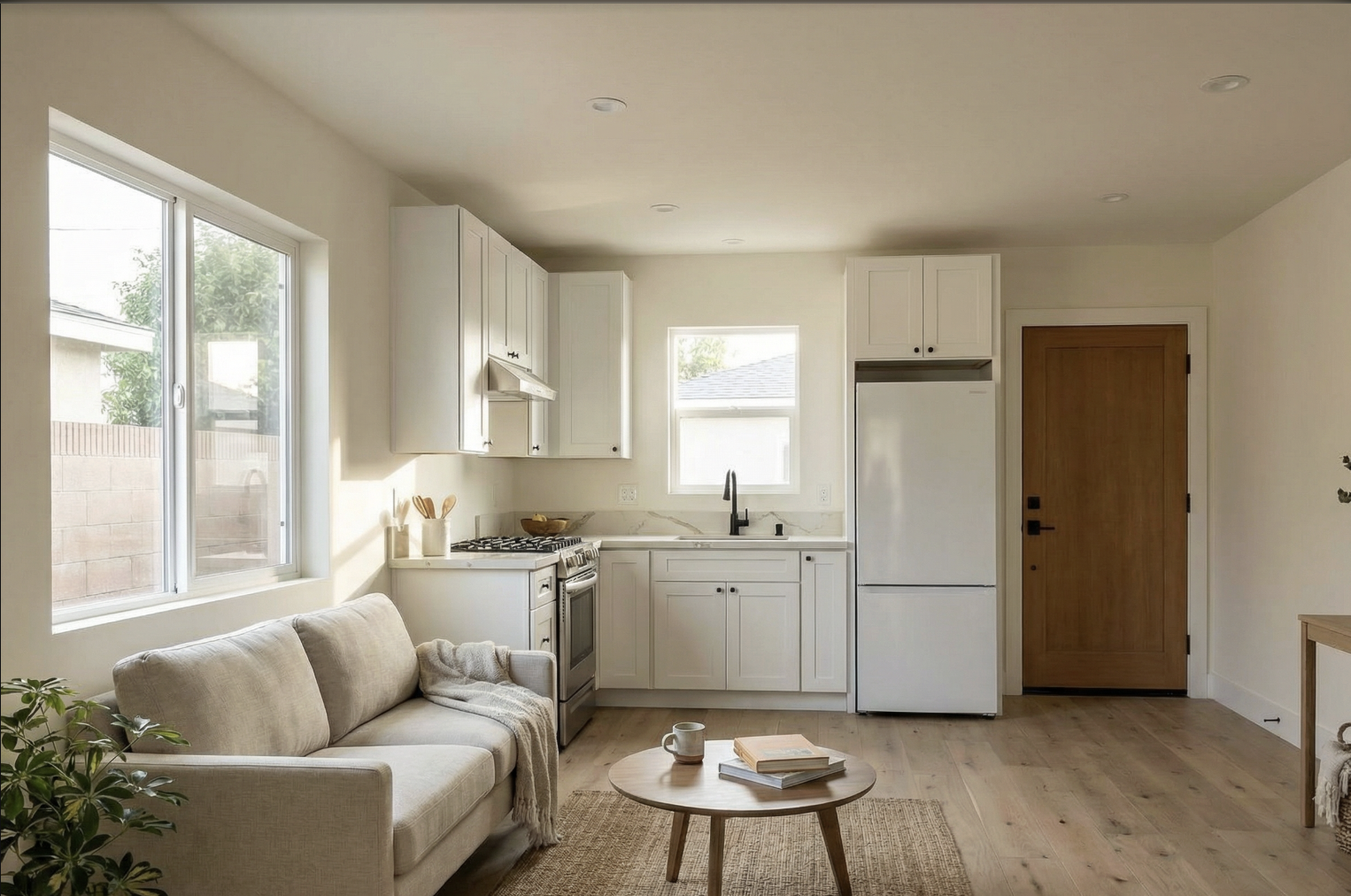 Bright new build ADU interior with white kitchen and open living area in Los Angeles — YBL Design & Build