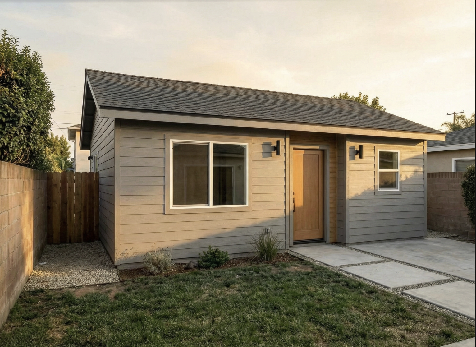 New build ADU with gray fiber-cement siding photographed at golden hour in Los Angeles — YBL Design & Build