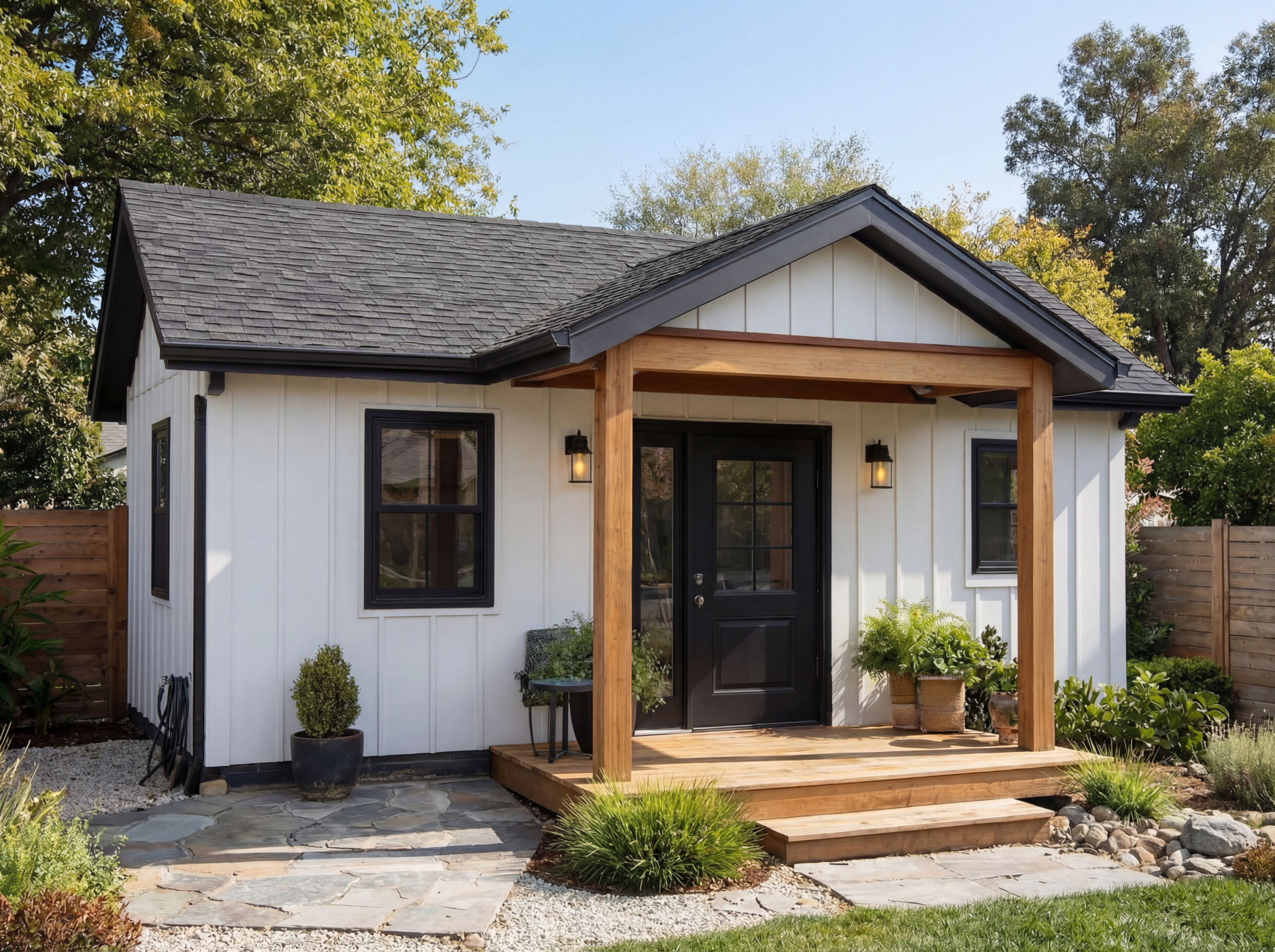 New build detached ADU with board-and-batten siding and garden pathway in Los Angeles — YBL Design & Build