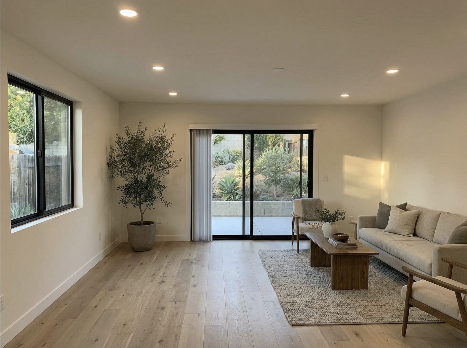 Finished room addition interior with light oak floors and sliding doors to the yard in Los Angeles — YBL Design & Build