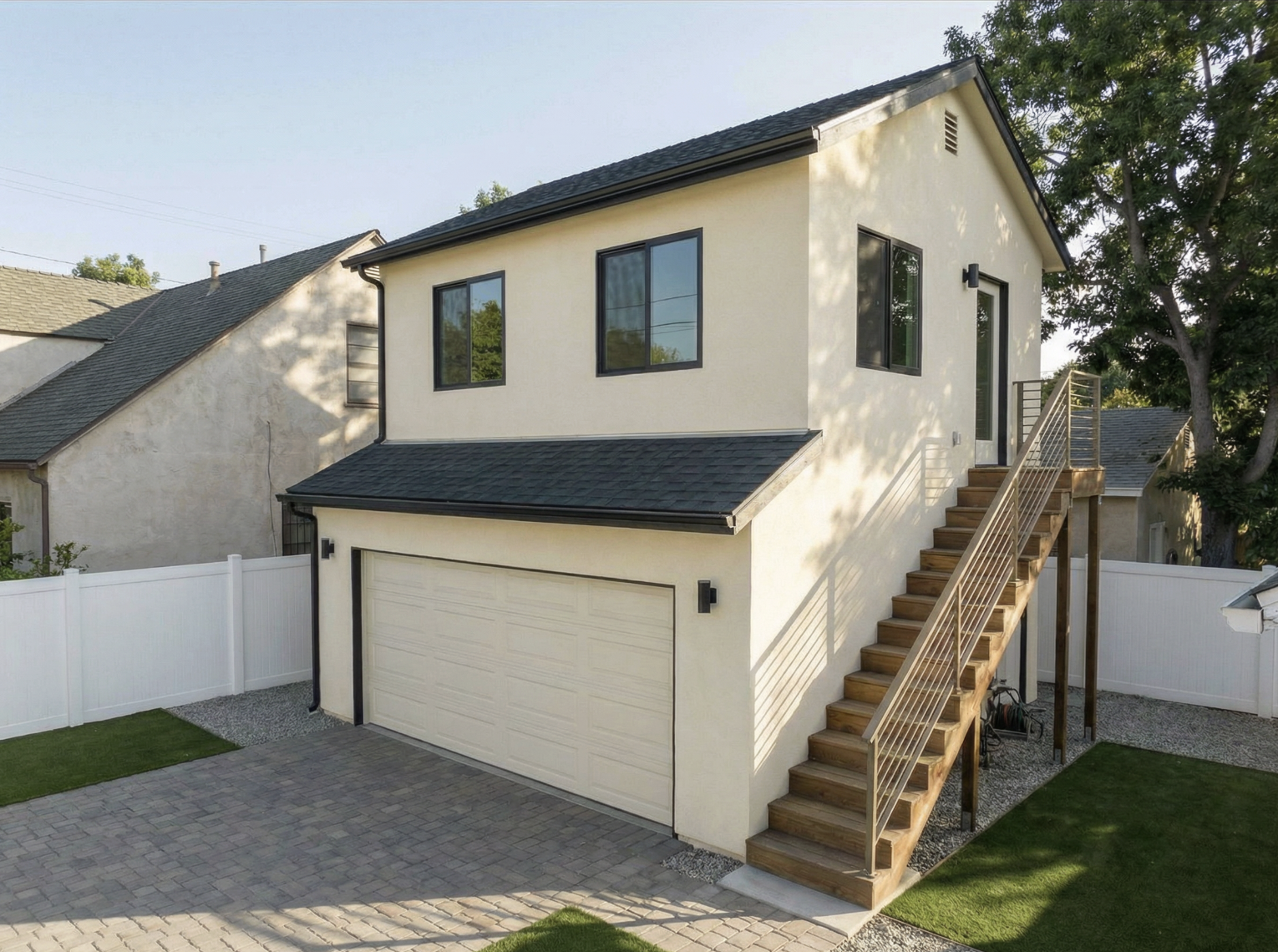 Two-story ADU above a garage showing staircase detail and modern cable railing — YBL Design & Build, Los Angeles