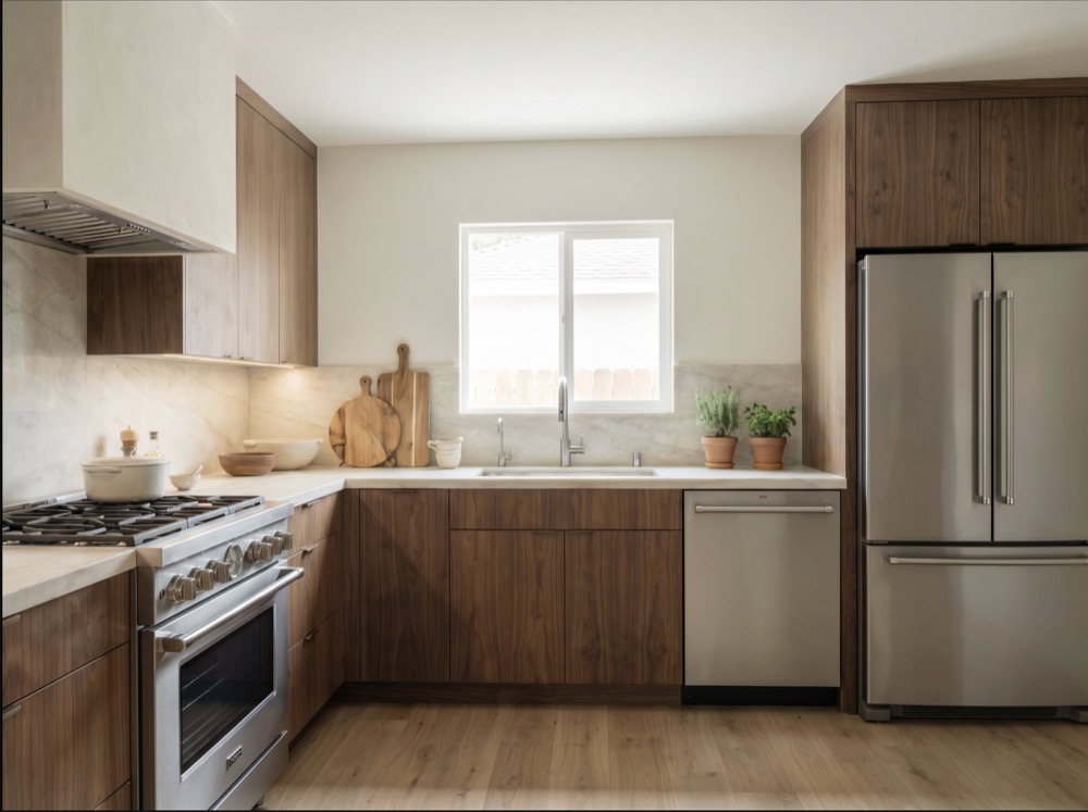 Walnut kitchen remodel with flat-panel cabinets, professional range, and stainless French-door refrigerator in Los Angeles — YBL Design & Build