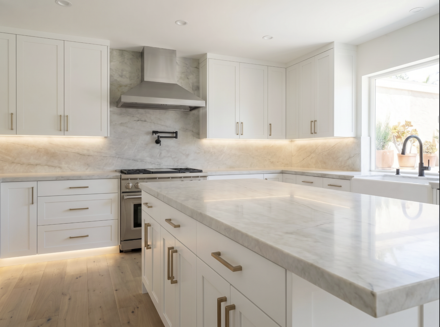 White shaker kitchen remodel with marble waterfall island, gold hardware, and under-cabinet lighting — YBL Design & Build, Los Angeles